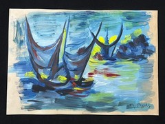 MARCEL MOULY drawing and painting on old paper signed stamped vintage