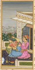 Handmade Indian Painting Of Emperor And Empress In Love On Terrace 4.5×8 Inches