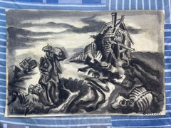 THOMAS HART BENTON drawing and painting on old paper signed stamped vintage