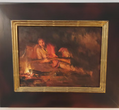 Todd Connor 9×12 Original American West Oil Painting Exhausted Hunter Near Fire