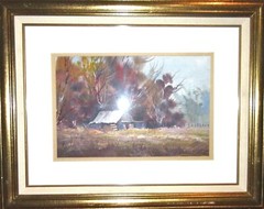 Original Framed Water Color/Gouache Painting, Rural Country Scene Farm, 11+x7+