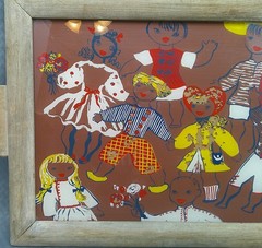 Vintage Mid Century Reverse Glass Painting Folk Art World Culture Children 20×14