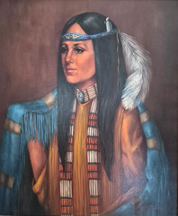 VINTAGE NATIVE OIL ON CANVAS PAINTING „LEGEND OF THE WHITE FEATHER“ #681 SIGNED