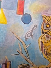 Original Signed 9×12 Bold Owl Machine Acrylic Expressionist Art On Paper