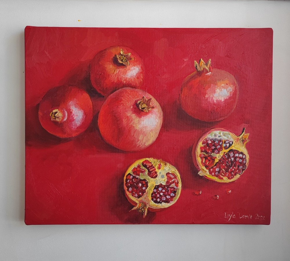 Pomegranate red fruit still life original oil painting modern kitchen wall decor