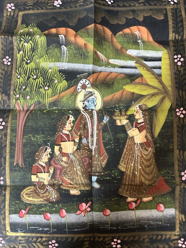 (BL) India vintage hand painting on cloth Radha krishn, Gopi 9.9 x 12 Inches