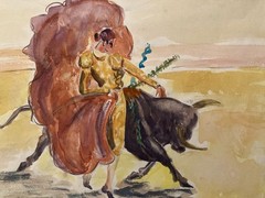 Painting Bullfighting 1960 Animal Bull Arena Old Art