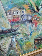 Vintage Harbor Village Oil Painting Boats & Houses Signed L Judge 28”x24”