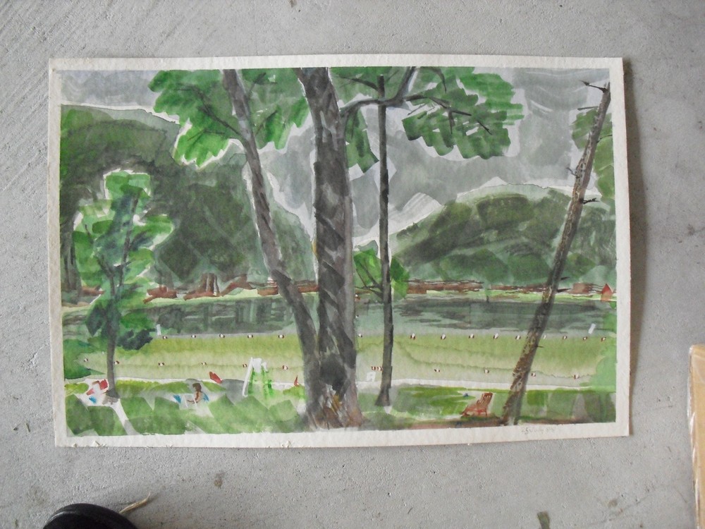 Original Watercolor Painting – Trees Landscape and Mountains LOOK