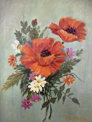 Vintage 1980s California Botanical Floral Painting Poppies E Meyer