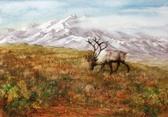 Original Watercolor Reindeer in Snowy Mountains – Christmas Winter Landscape Art