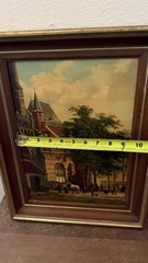 Dutch Oil On Board Painting Of A Town Scene 14”x10” Horses People
