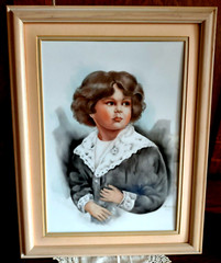 Hand-Painted Porcelain Portrait Artist J.E. Helm Girl w Lace Collar Blonde Frame