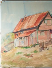 Beautiful Mildred Lusk Watercolor Painting of a Rusty Red Farm House, Signed! 63