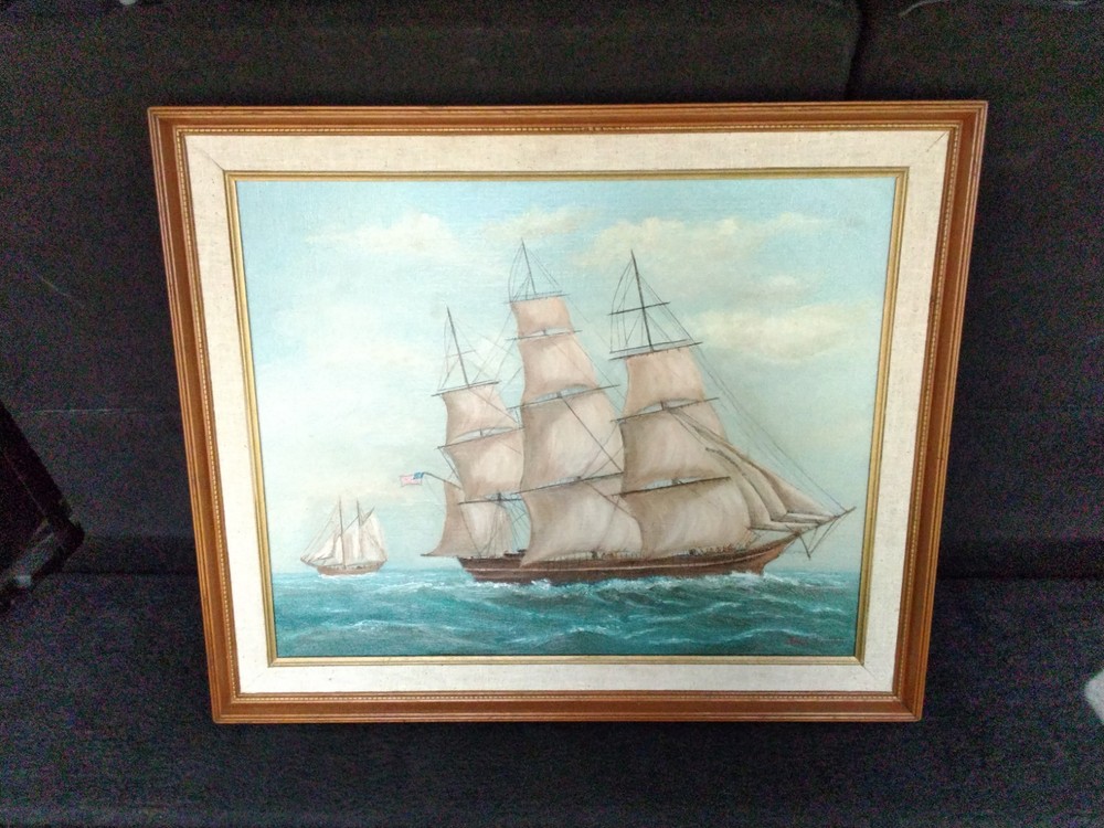 Vintage Original Oil Painting Clipper Ship Tall Sails Nautical Framed 16×20