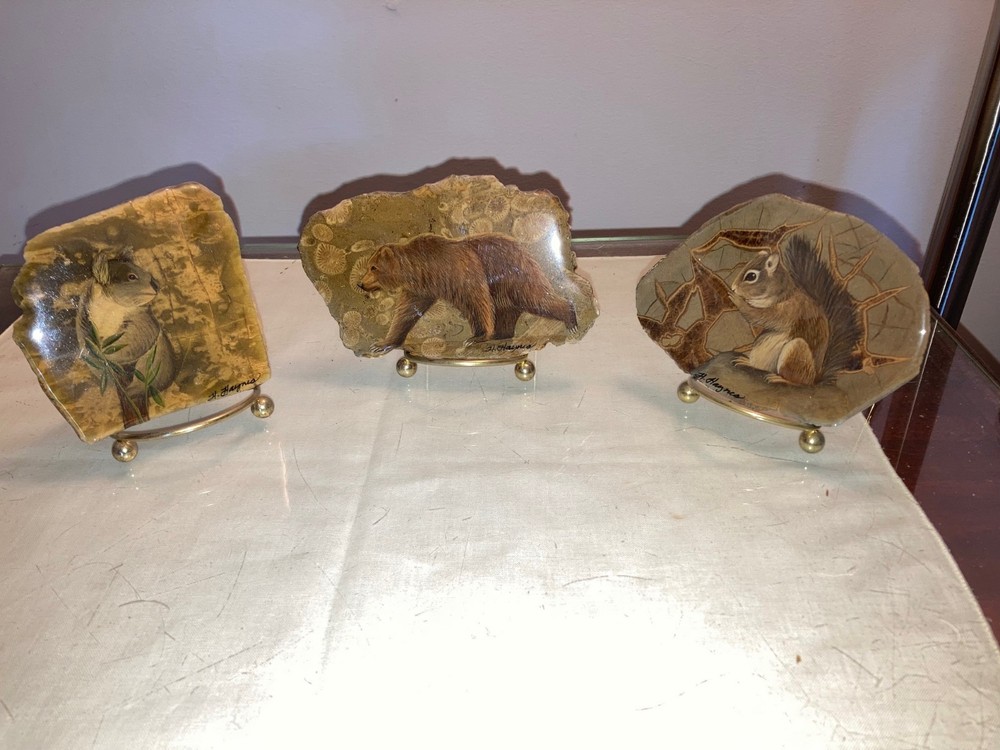 Vintage Hand Painted Animals on Stone Agate Slab Signed Heather Haynes McGee EUC