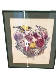 Original Painting Tulip Flower Bird Goldfinch Nest Signed Art G. Larson Framed