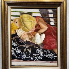Vintage Oil Painting Girl with Doll on Bench Gold Gilt Wood Frame 25×22