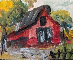 ACEO Original Mini Painting Of A Landscape /oil Painting Red Barn
