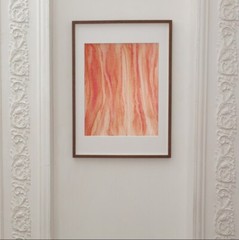 Original watercolor abstraction in peach color with gold stripes, Home Decor