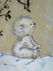 D. ROSSI OIL PAINTING HAPPY SMILING BABY POLAR BEAR CUB WINTER SPRING SNOW TREE