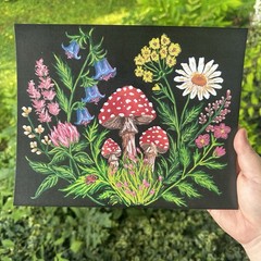 8×10 PRINT – mushroom And Wildflowers Acrylic Marker Painting
