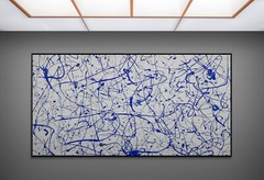 XXL Jackson Pollock Style Blue & Pearl Abstract Art Textured Painting 78×39 in