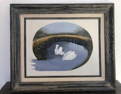 Signed Artist Avis Original Oil Painting On Canvas Pair Of Swan Birds, Lake