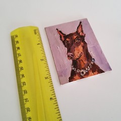 ACEO Original Painting Dogs Doberman Pet Portrait Animal Gouache Modern Artwork