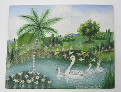 Vintage Haitian landscape painting Charles Guether 4×5” 6-97 swans/ducks?