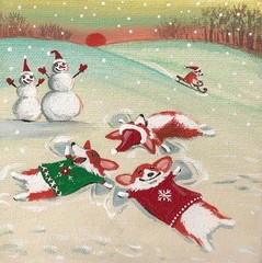 4×4 PEMBROKE WELSH CORGI PRINT OF PAINTING RYTA XMAS SNOWMAN ANGEL SNOW Folk Art