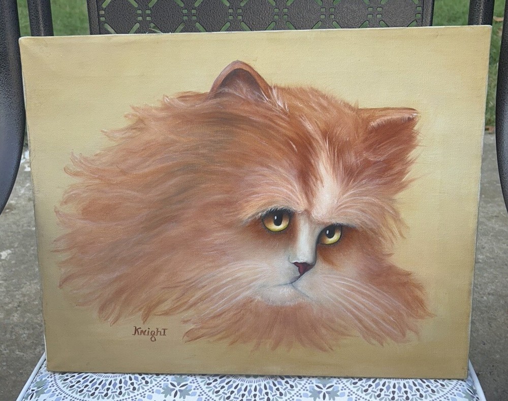 Original Fluffy Ginger Kitty Cat Yellow Eyes Portrait Canvas Painting 14”x18”