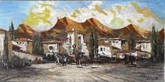 Pablo Espana Original Oil Painting Signed Mid Century Spanish Village 48″x24″