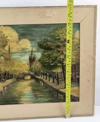 Vintage Oil Painting City Bridge over Dutch Delft Canal Netherlands Signed
