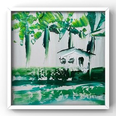 Abstract Palm Grove Bungalow Mini Oil Painting Caribbean Island Art Framed Decor