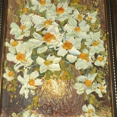 Vintage Impasto-style Oil Painting of A Bouquet of White Flowers Signed Framed