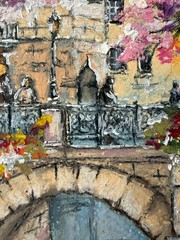 Paris Original Art Cityscape Wall Art France Oil Pastels Art City Artwork Bridge