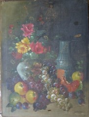 ::FRANZ STOITZNER STILL LIFE APPLE FLOWER VASE FRUITS ANTIQUE COLORFUL OSTRICH SIGN