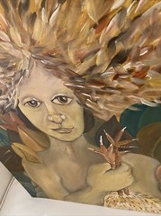 Vntg Folk Art Portrait Woman Holding Chicken Legs 23” X 18” Acrylic On Wood
