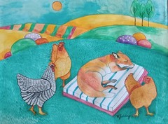 Original Illustration Sleeping Fox Catches No Hens Acrylics on Paper