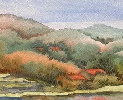 Pamela Wilhelm original Watercolor 5”x7” First Snow Morning Light Village Pond