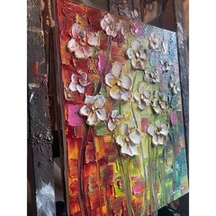 Original Palette Knife Abstract textured white flowers Painting 18″x24″