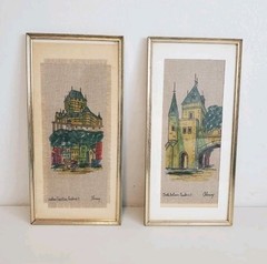 Vtg Chateau Frontenac & Porte Saint Louis Quebec Ink Drawings on Fabric 1967 Set