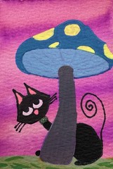 ACEO Original Watercolor And Acrylic Art Card Tiny Cat With A Big Mushroom
