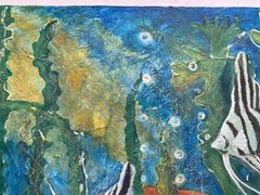 Vintage Original Oil Painting Assemblage Art Underwater Fish Sea Ocean Aquarium