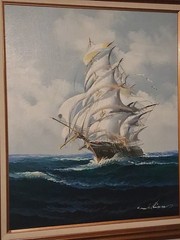 Canvas Painting Clipper Ship Nautical Frame Large Signed Very Nice