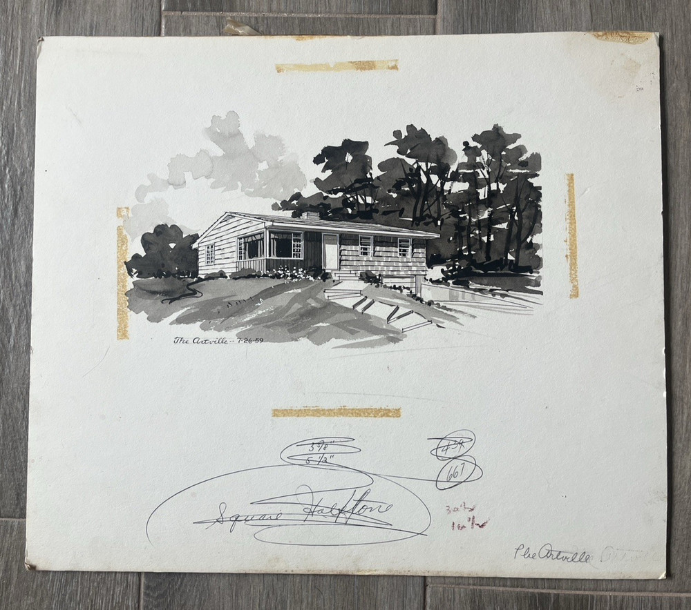 1950s Vintage Watercolor of House and Trees „The Artville“ MCM Black White Gray