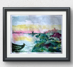 Original Watercolor Sunset Landscape Wall Art 11 x 17 Acrylic on Paper P034