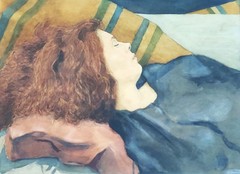 Vintage Watercolor Painting Red Headed Woman Sleeping Large Signed A. Pickens