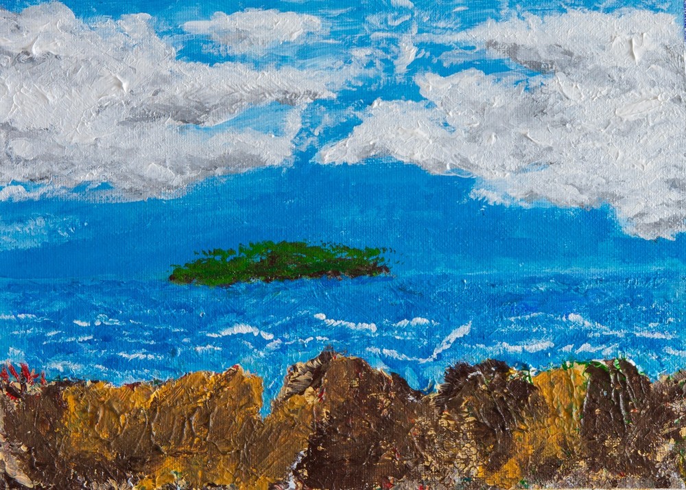 Distant Island Original Acrylic Impressionist Painting Tropical Seascape Art
